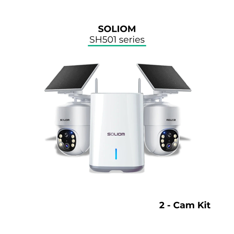 Solar powered wireless outdoor security camera kit with two cameras and central hub, SH501 series