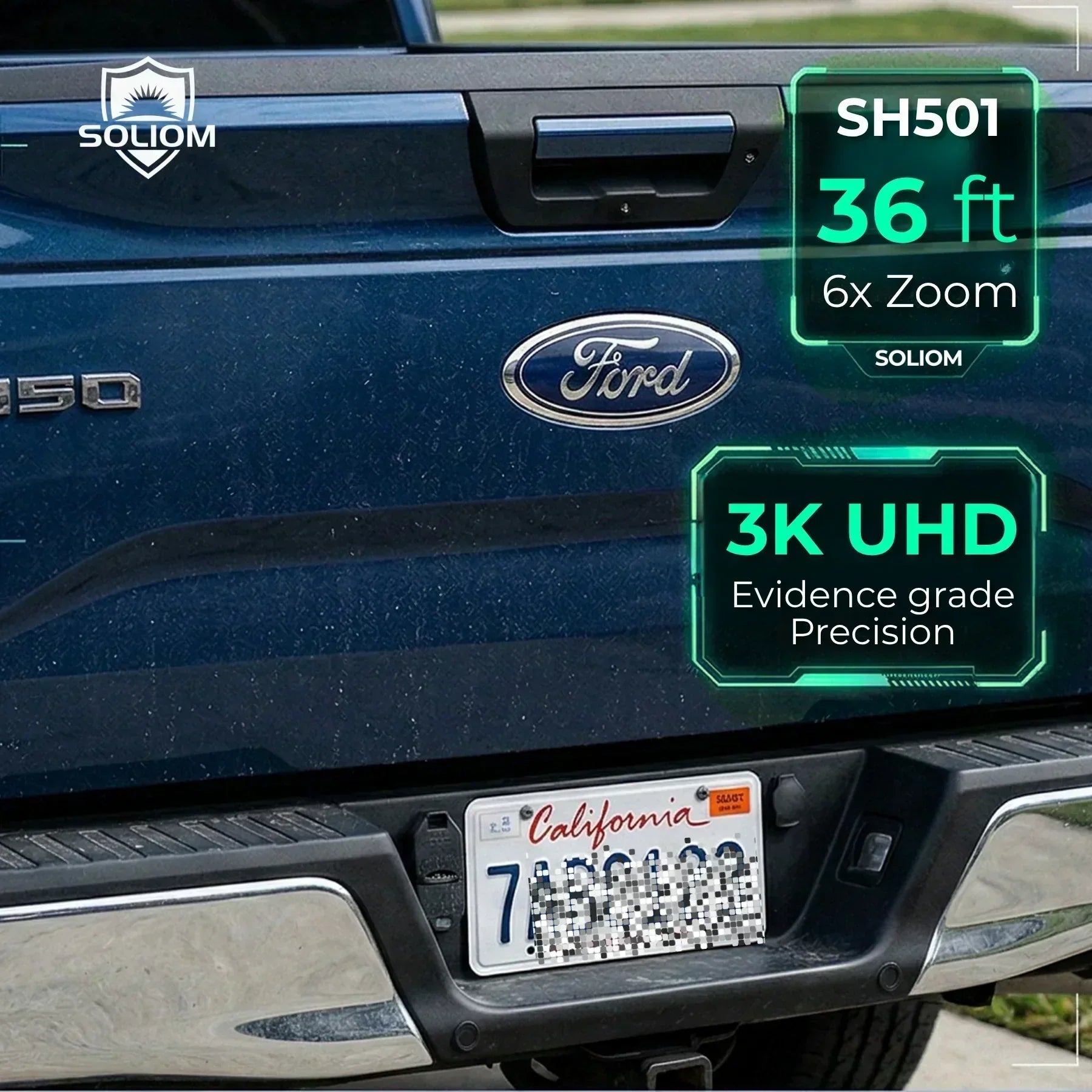 Close-up of blue Ford pickup truck tailgate and California license plate, showcasing 3K UHD 36 ft evidence-grade zoom security camera capability.