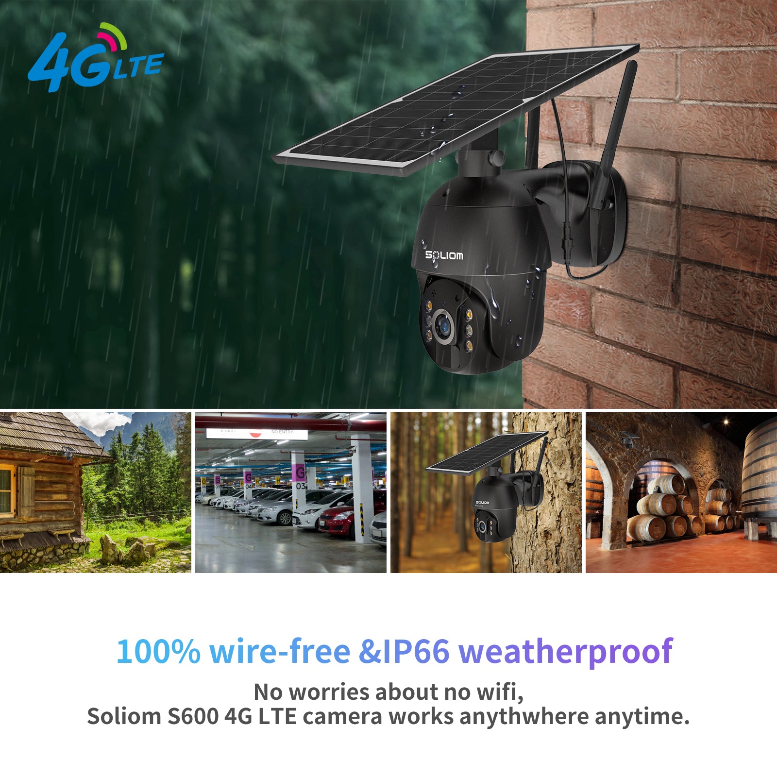 SOLIOM S600 3G/4G LTE Outdoor Solar Powered Cellular Security Camera Wireless,Pan Tilt 360°View Spotlight,1080p Night Vision,2 Way Talk,PIR Motion Sensor, No WiFi, US Version