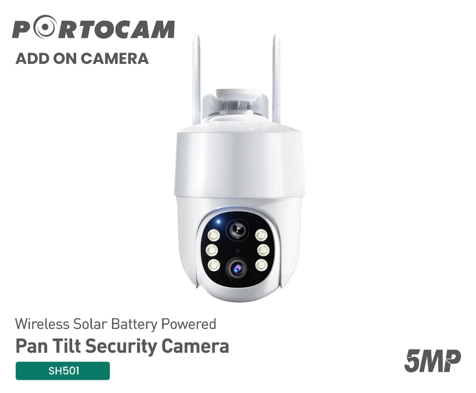 White security camera with antennas on a white background, featuring the Portocam brand.