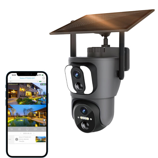 SOLIOM PTD200 Wireless Security Camera,2K Human Track Dual Lens WiFi Camera Built in 14400mAh Battery and 6W Solar Panel, Pan Tilt 355°View with Night Vision