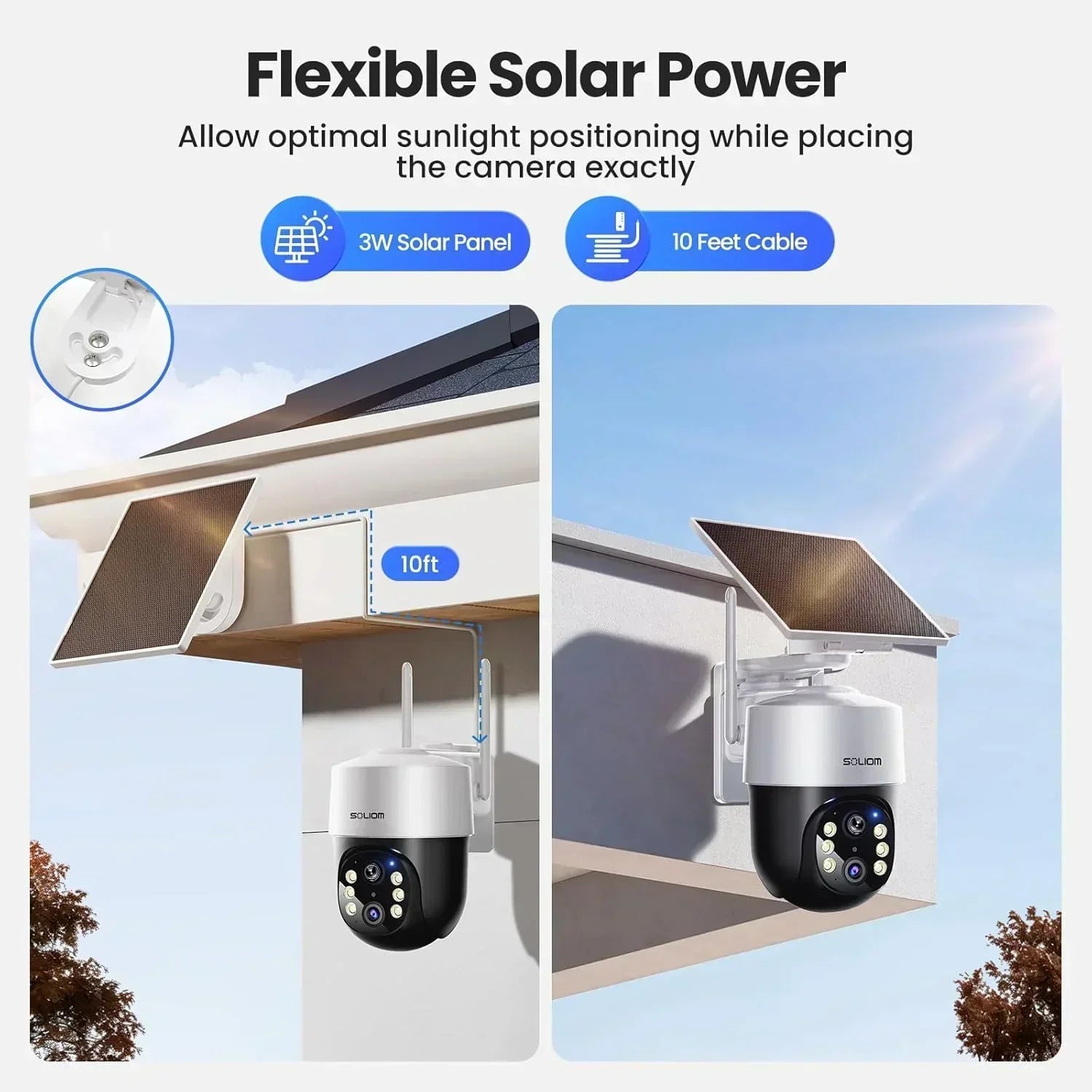Outdoor solar powered security camera with 3W solar panel and 10ft cable mounted on a house.