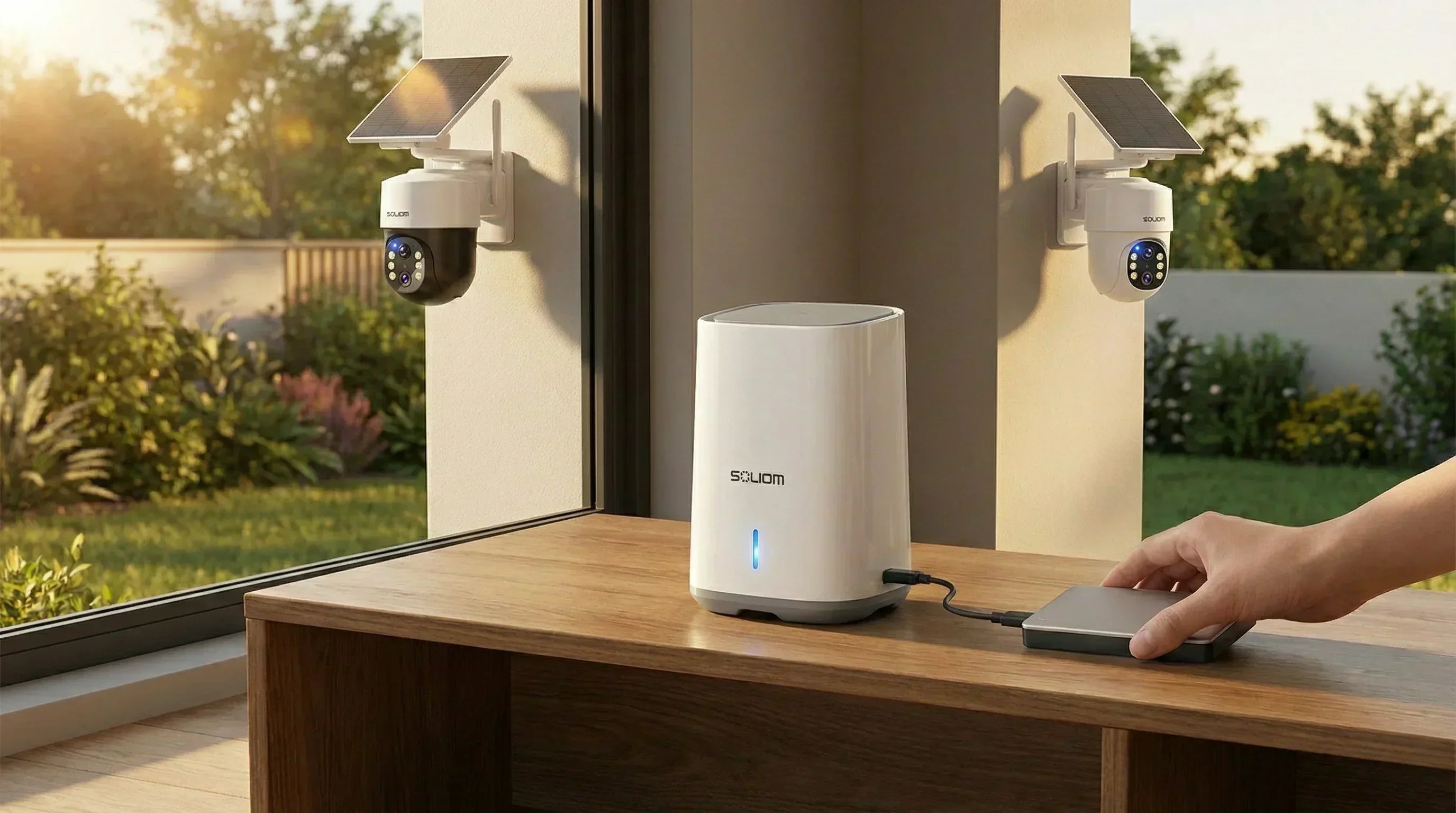 Solar powered wireless outdoor security cameras installed outside window, indoor hub on desk
