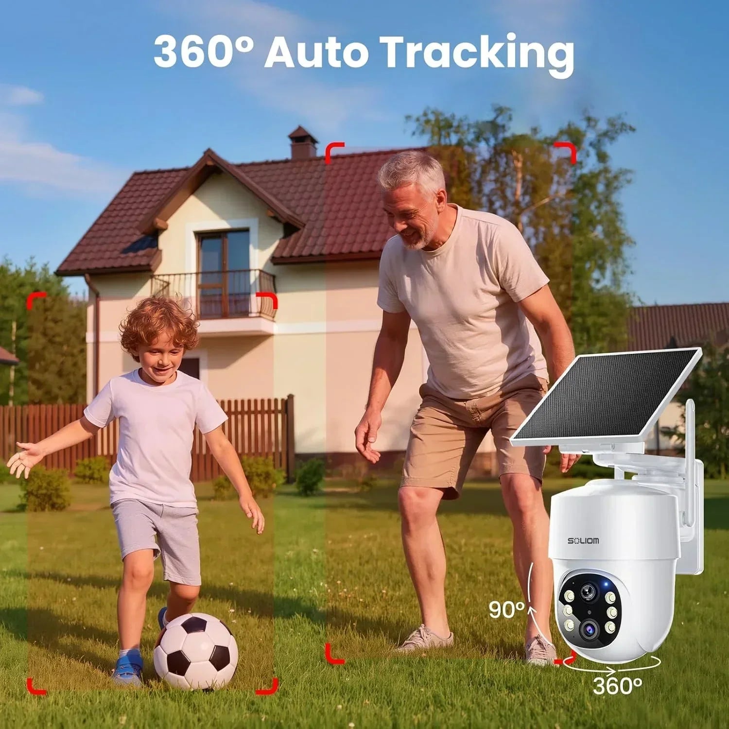 Solar-powered outdoor security camera with 360-degree auto tracking monitors a yard where a child and an adult play soccer in front of a house.