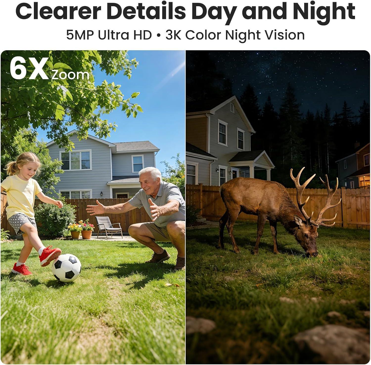 Outdoor security camera day and night vision showing child playing soccer and deer at night.