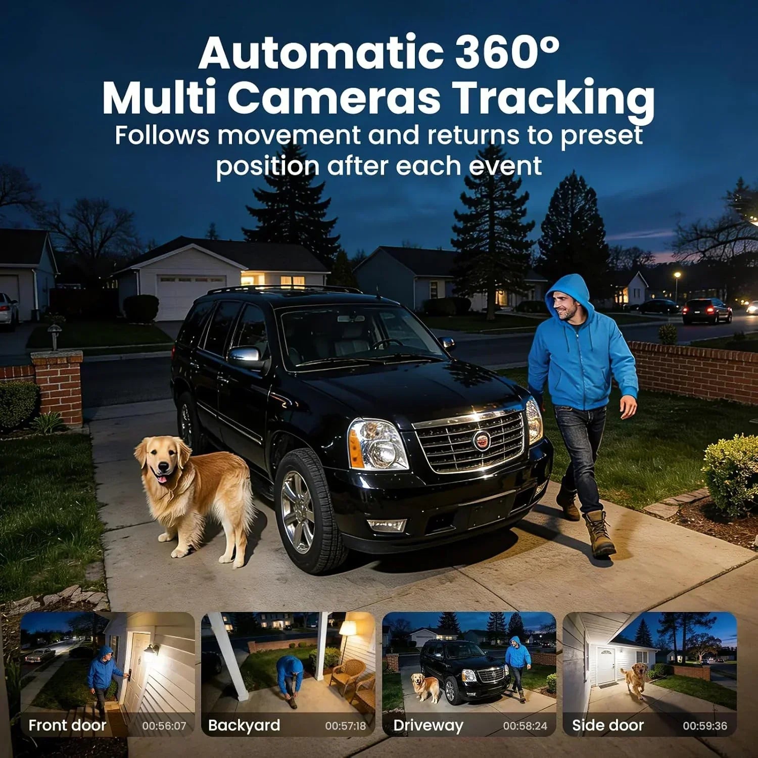 Man and dog in driveway at night with SUV, showcasing multi-camera outdoor security system features.