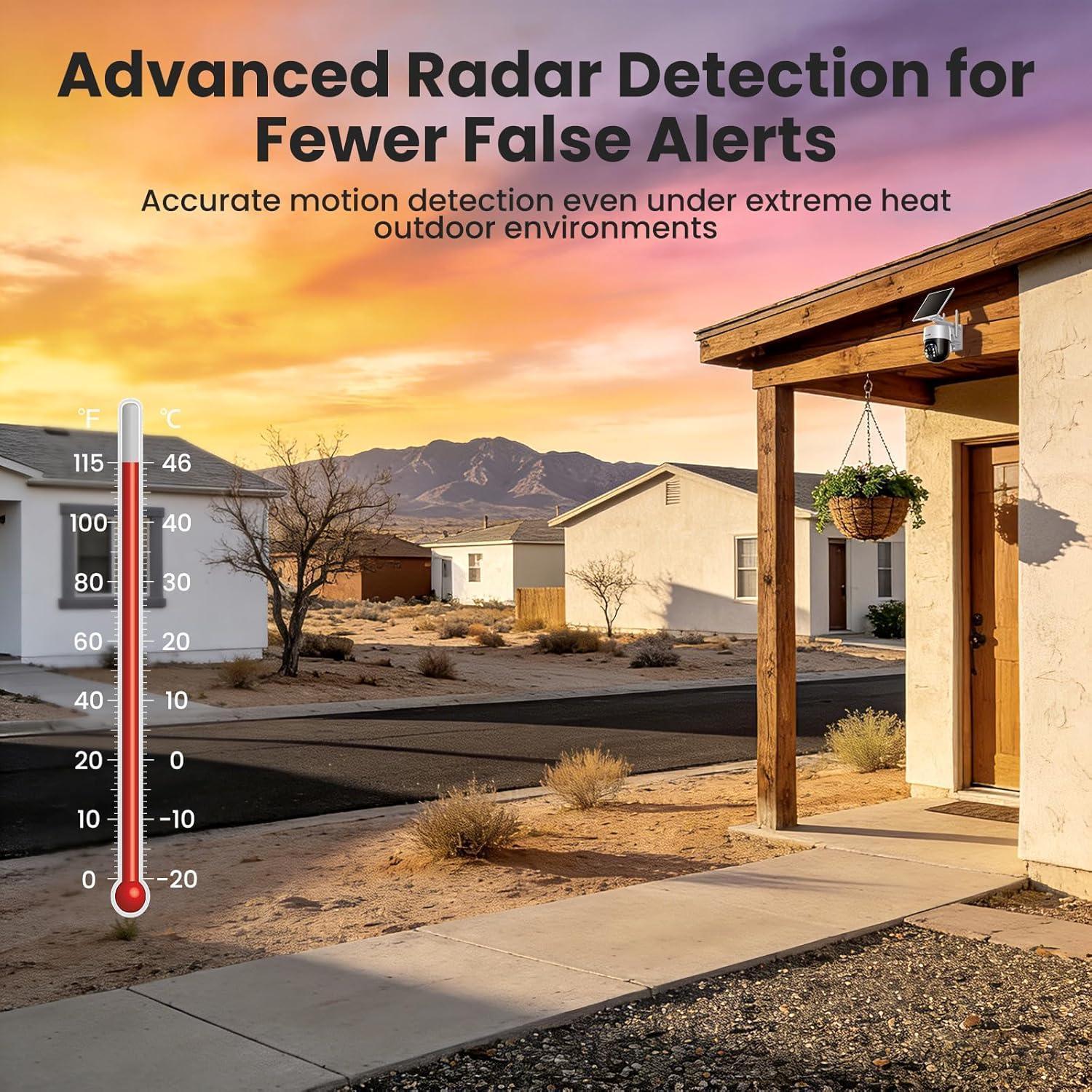 Outdoor wireless security camera on house in hot desert setting, radar motion detection, thermometer graphic