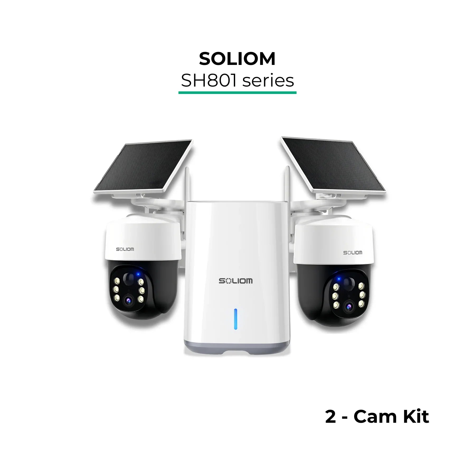 Solar powered wireless outdoor security camera kit with two cameras and central hub