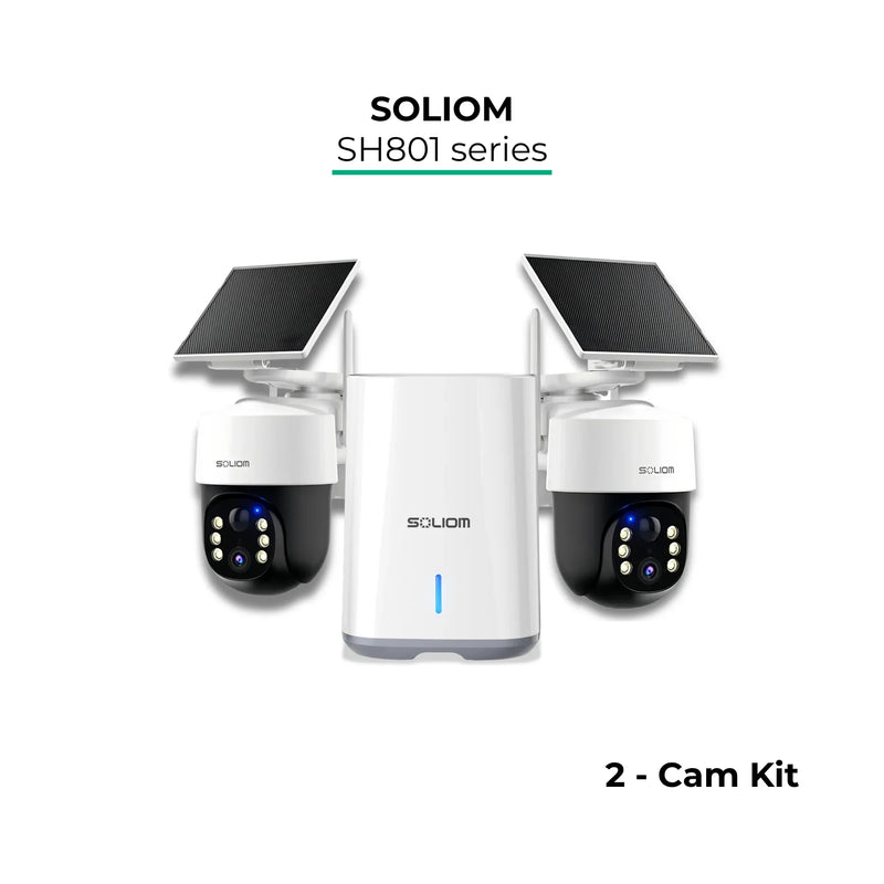 Solar powered wireless outdoor security camera kit with two cameras and central hub