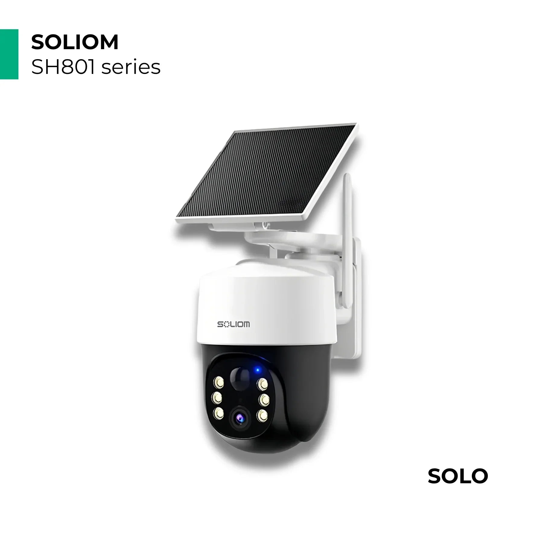 Solar powered wireless outdoor security camera with night vision and wall mount.