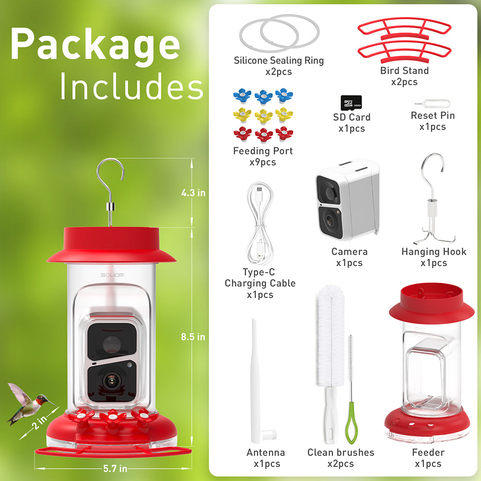 Soliom BF10 Smart Hummingbird Feeder Camera with Ant Moat (16 Ounces)