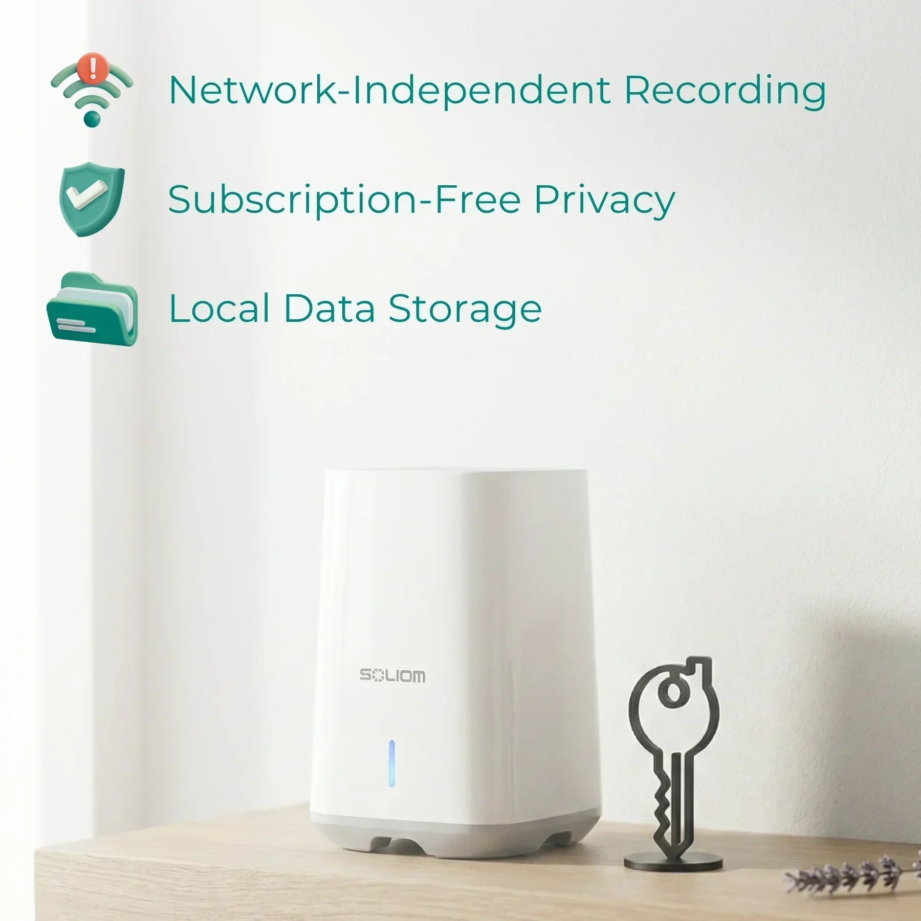 White local data storage device on table with icons highlighting private, network-independent security recording.