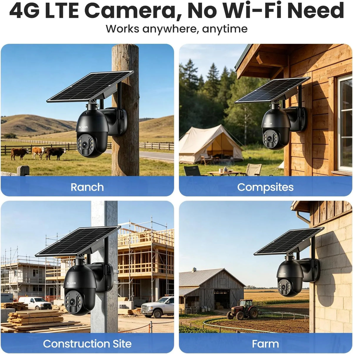 SOLIOM S600 Series 2K 4G LTE Solar Security Camera with Color Night Vision