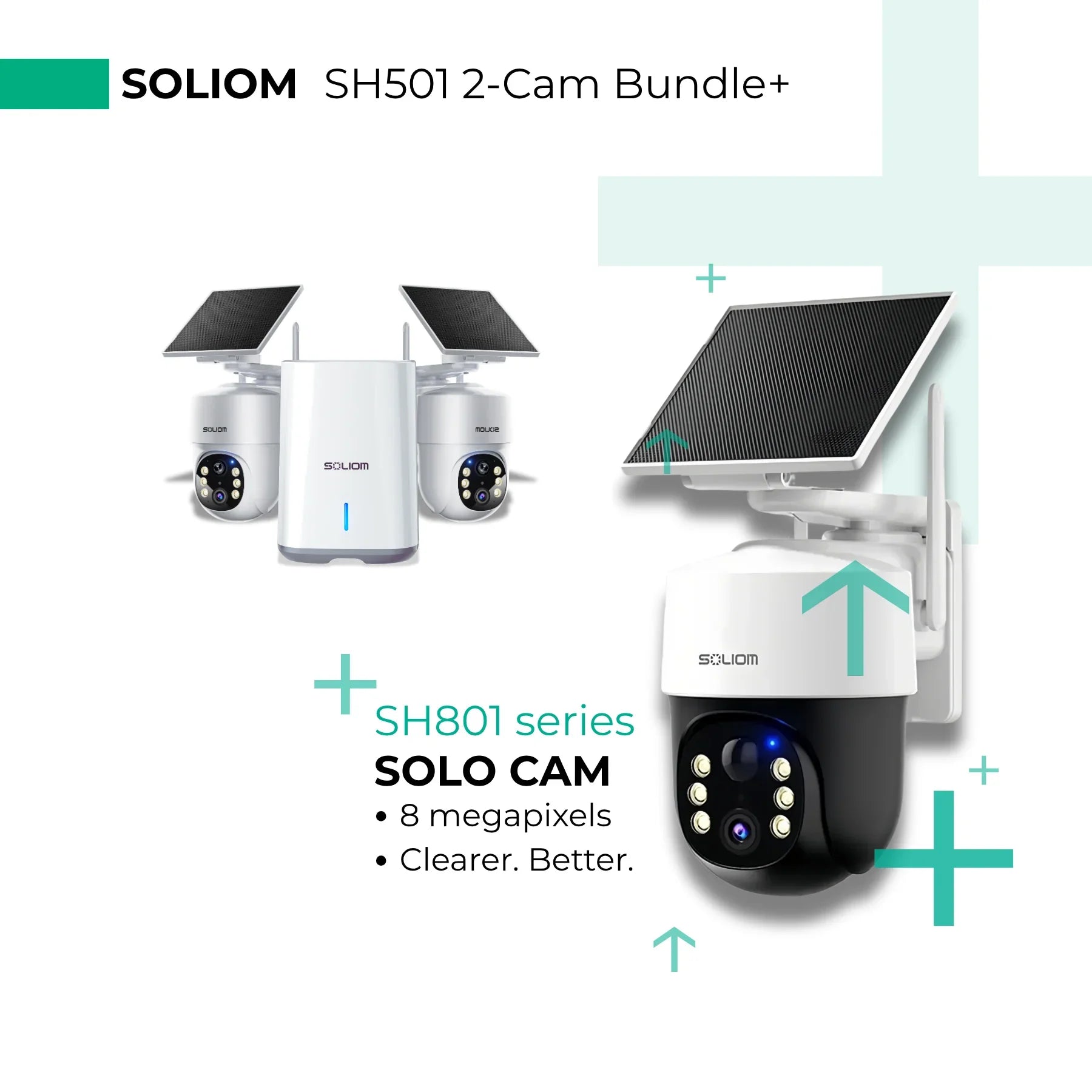 Solar powered wireless security camera kit with two outdoor cameras, solar panels, and hub