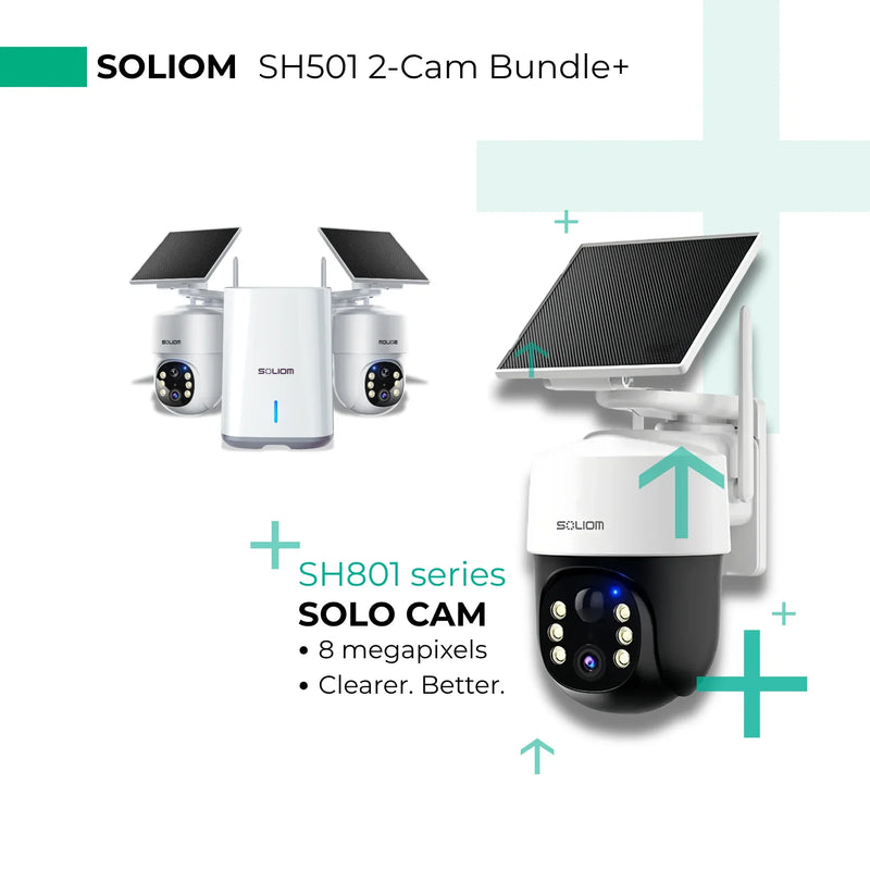 Solar powered wireless security camera kit with two outdoor cameras, solar panels, and hub