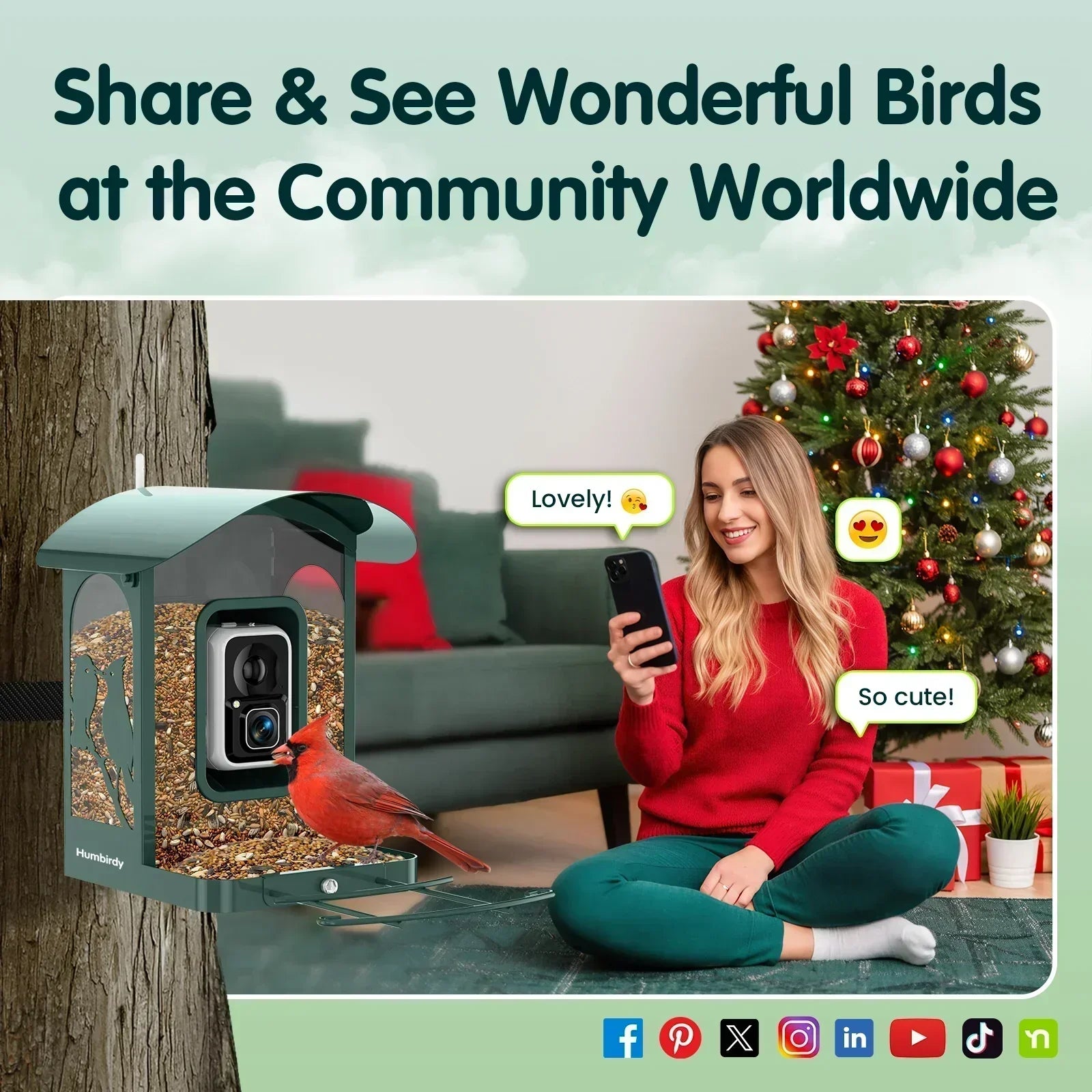 Humbirdy Smart Bird Feeder with Camera, 8MP Ultra HD Photo & 4K Live Video, AI Bird Identification, Slow Motion Playback,Dual-Band Wi-Fi, Solar Powered, No Subscription, Metal Bird Watching Gift