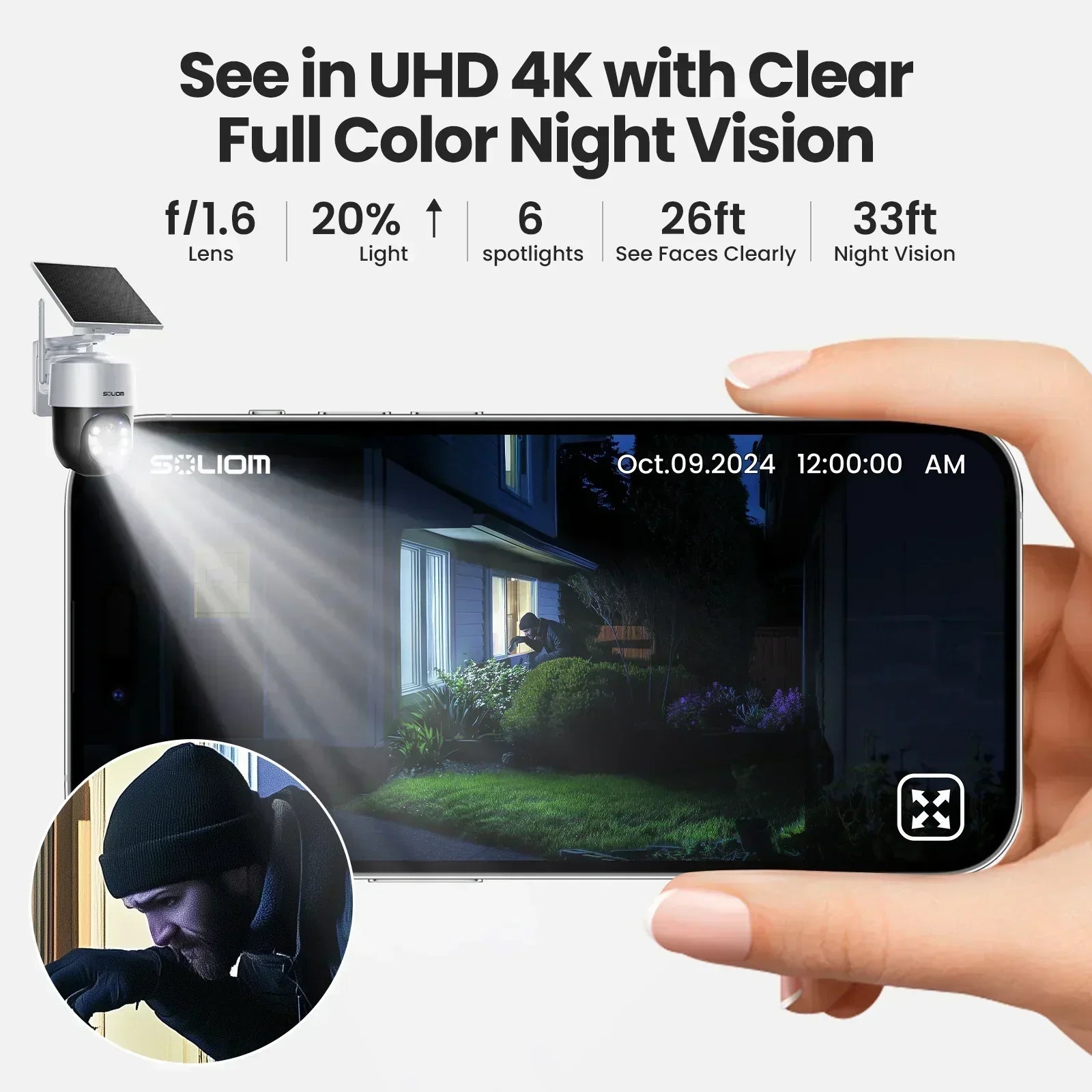 SOLIOM 4K Wireless Security Camera Outdoor, Solar Powered Home Security Camera with 8MP Color Night Vision, 4 Cam-Kit, SH802