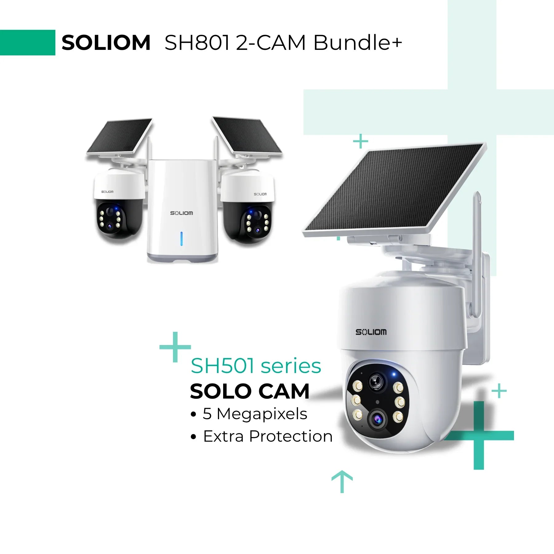 Solar powered wireless security camera bundle with dual cameras, solar panels, and night vision features.