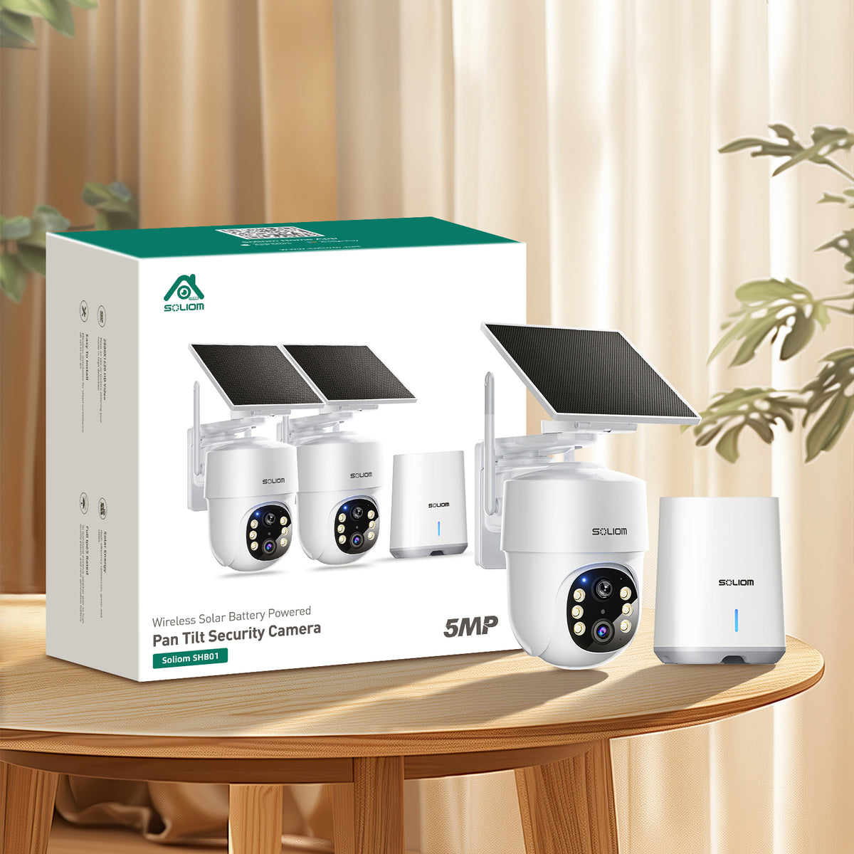 Soliom SHB01 5MP wireless solar battery powered pan tilt security camera system and packaging