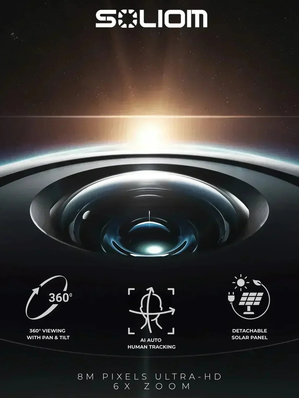 Close-up of 8MP ultra HD security camera lens with 360° pan tilt, AI human tracking, detachable solar panel icons