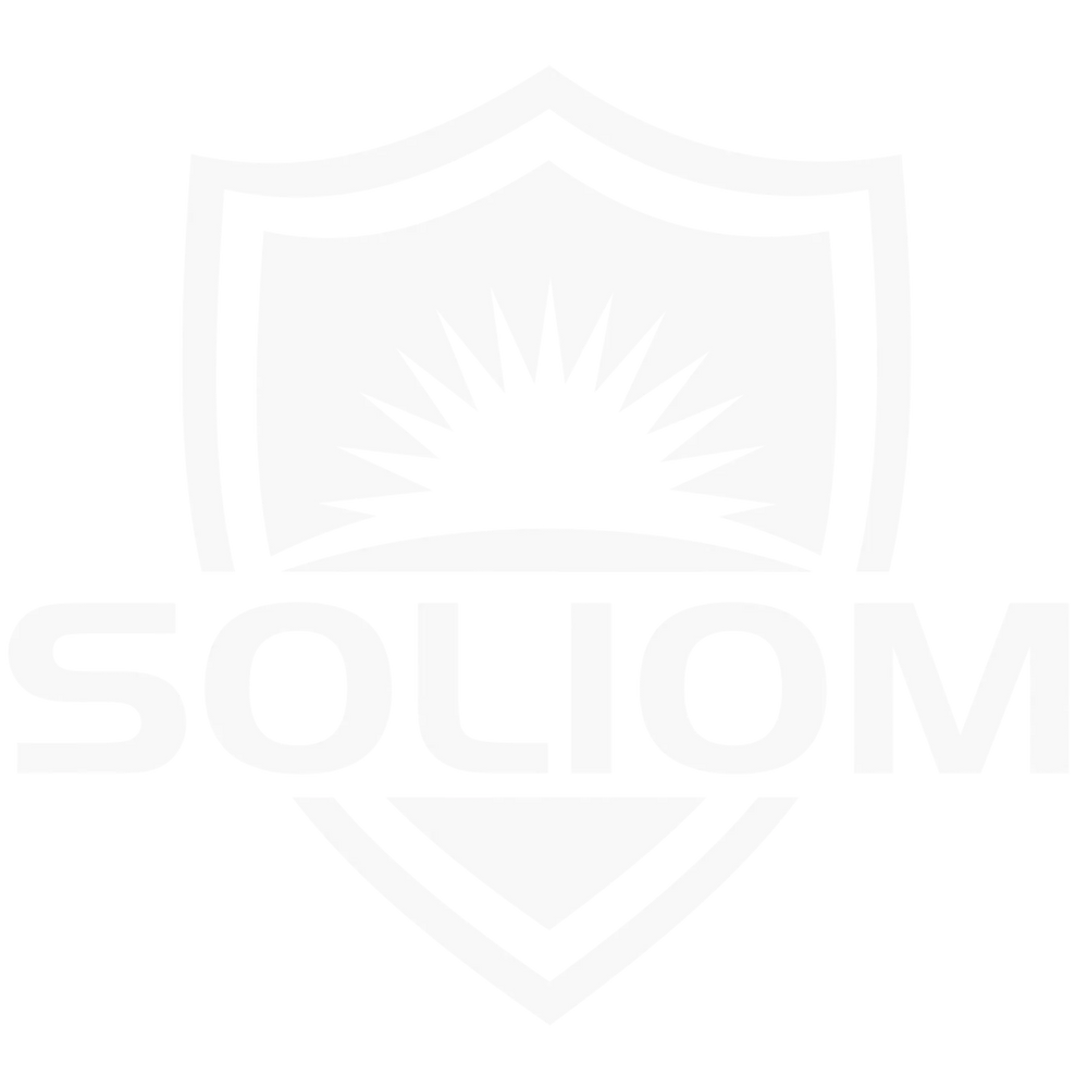 Shield logo with sunburst and bold SOLIOM text, symbolizing security and solar power