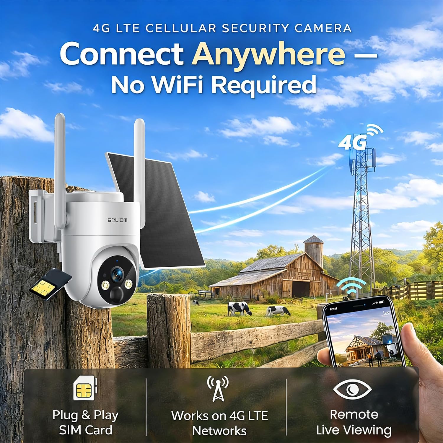 SOLIOM IP66 4G LTE Cellular Solar Powered Outdoor Camera, 2K Color Night Vision, 360° Pan & Tilt, PIR Motion Detection