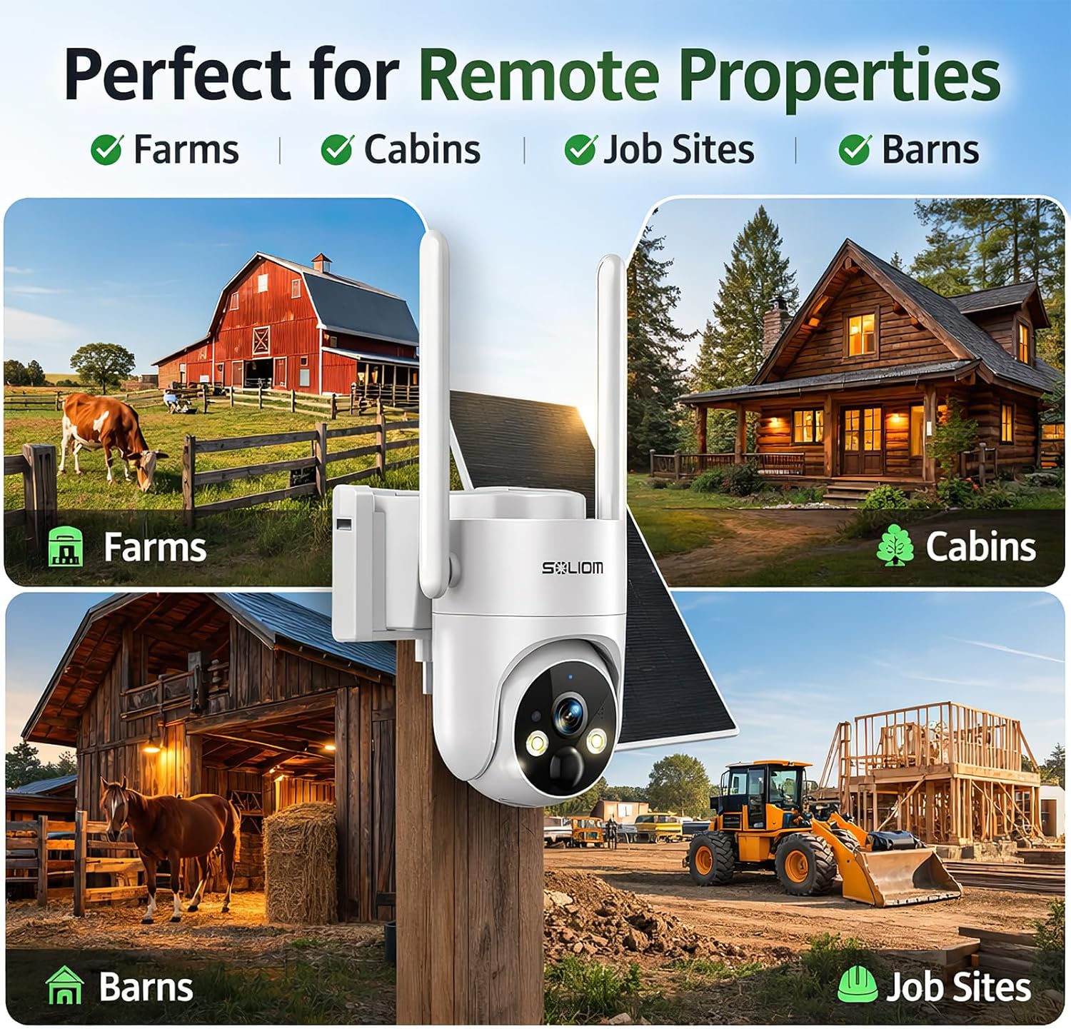 New SOLIOM IP66 S90 4G LTE Cellular Solar Powered Outdoor Camera, 2K Color Night Vision, 360° Pan & Tilt, PIR Motion Detection