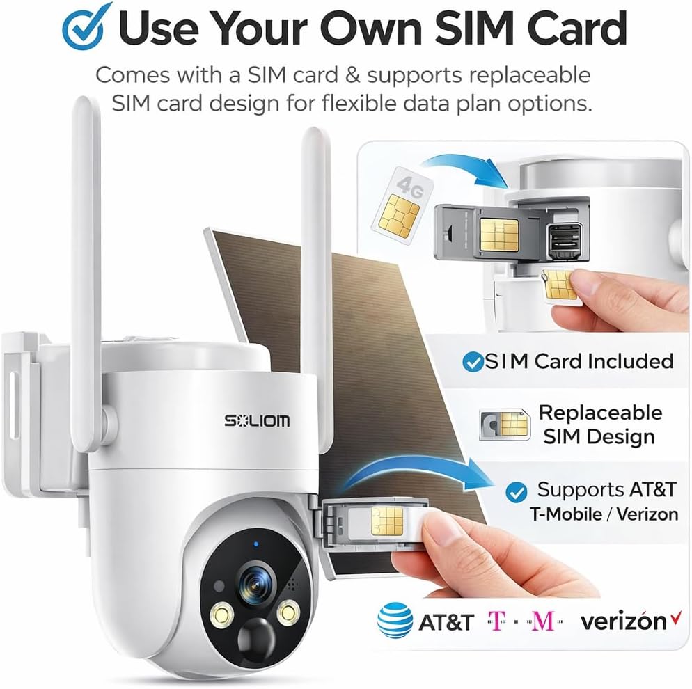 New SOLIOM IP66 S90 4G LTE Cellular Solar Powered Outdoor Camera, 2K Color Night Vision, 360° Pan & Tilt, PIR Motion Detection