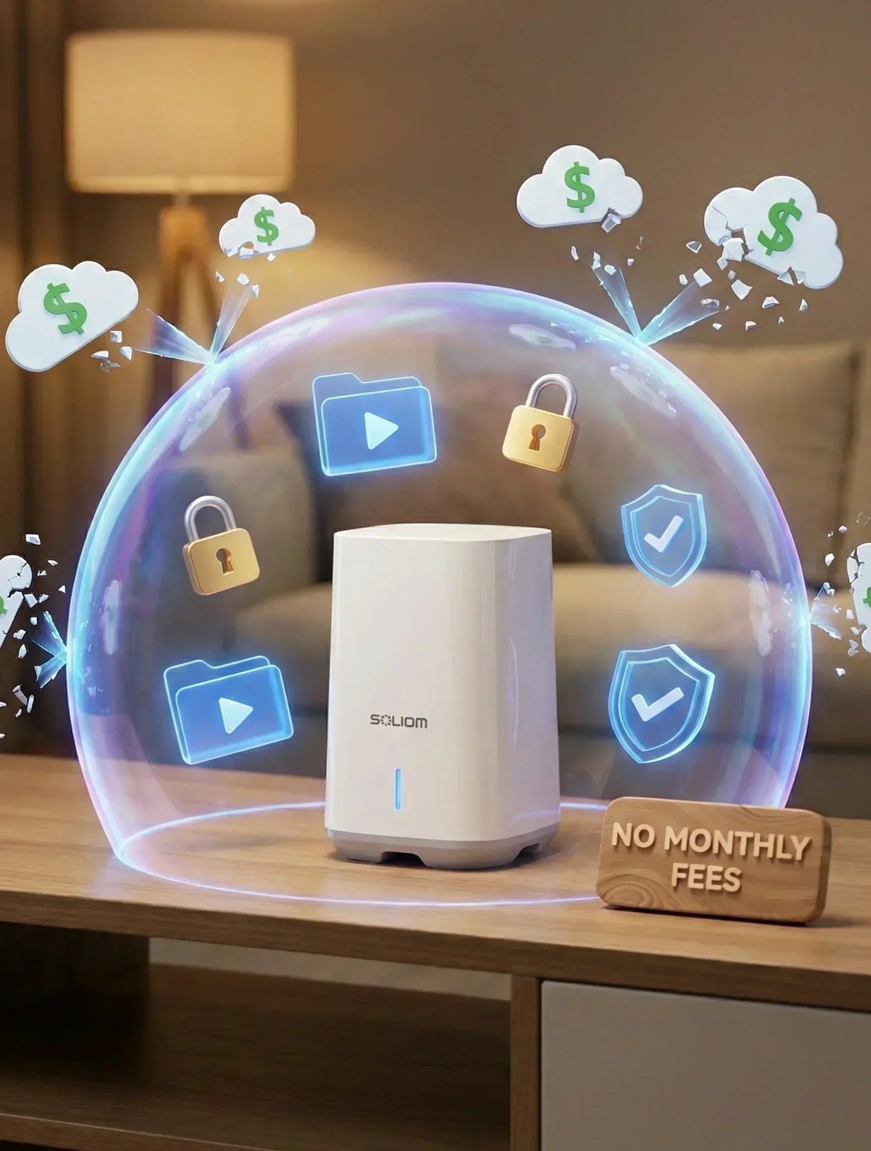 White wireless security device on table with holographic security icons and no monthly fees sign.